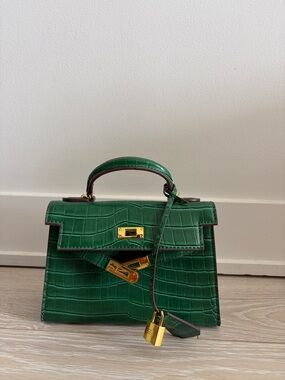 Faux Croc Leather Green Mini Kelly Style Top Handle Bag